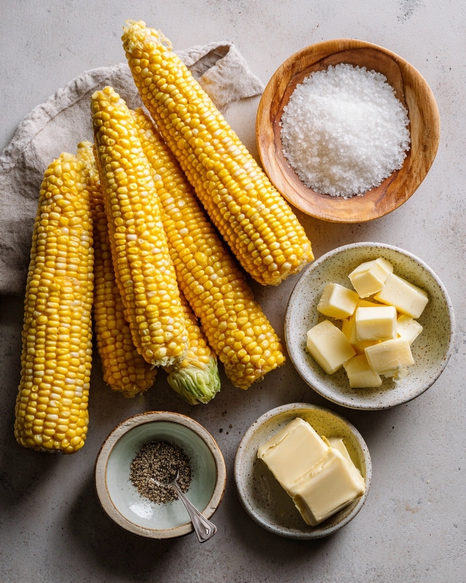 A close-up view shows a single yellow and white corn on the cob held by a woman's hand at the bottom, with the corn kernels arranged in neat rows and lightly speckled with black pepper. The corn is set against a blurred background of multiple similar corn cobs standing upright on wooden sticks inside a white bowl. The lighting highlights the glossy and slightly moist texture of the corn kernels, while the overall scene sits on a white marbled surface. photo taken with an iphone --ar 4:5 --v 7