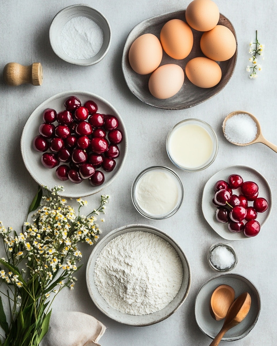 An oval white ceramic dish holds a golden brown baked dessert with dark red cherries baked into the top layer, evenly spread and partially sunk into the surface. A light dusting of powdered sugar is scattered across the dessert, adding a soft white texture that contrasts the fruit and golden crust. To the top left, fresh dark red cherries fill a white colander, with a few cherries placed on the white linen fabric beneath the dish. A metal tea strainer with a mesh ball handle lies on the lower right corner on the same fabric. The entire setup rest on a white marbled surface, creating a clean, bright background. Photo taken with an iphone --ar 4:5 --v 7