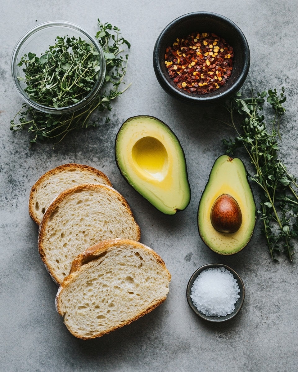 Two slices of toasted bread with rough, golden-brown edges lie flat on a white marbled surface. Each slice is topped with multiple slices of bright green avocado with a smooth, shiny texture, sprinkled with coarse black pepper and a drizzle of golden oil. Nearby, a halved avocado shows its creamy green inside and large brown seed. Surrounding these are small white bowls containing chopped green avocado, red chili flakes, coarse salt, and golden oil. Sprigs of fresh green herbs add a natural touch. The photo taken with an iphone --ar 4:5 --v 7