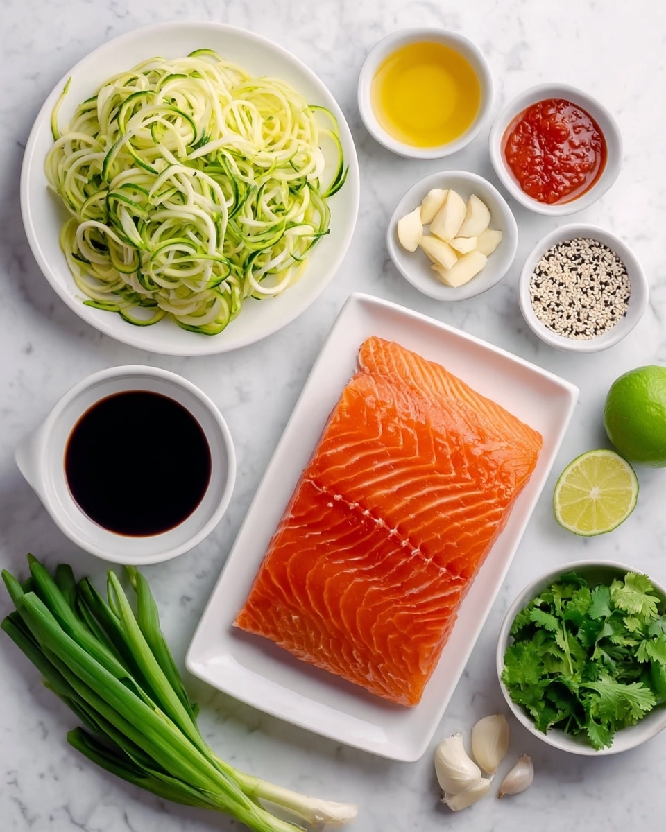 The image shows a large, smooth, raw salmon fillet with a bright orange color and white marbling lines, laid flat on a white rectangular plate in the center. Above the salmon to the left is a white plate filled with spiraled pale green zucchini noodles with darker green edges. To the upper right of the salmon are three small white bowls arranged vertically; the top one contains dark soy sauce, the middle has a red chili sauce with chunks, and the bottom has a golden yellow oil. Below these bowls and to the right of the salmon is a small white bowl filled with fresh, bright green cilantro leaves. Below the salmon are two small white bowls, the left one filled with thinly sliced pale yellow garlic cloves and the right one with a mix of white and black sesame seeds. On the left side of the salmon, there is a bundle of fresh green onions with white bases and darker green tops, and next to them is a half lime with a light green and white rind, showing its light green sections. All items are placed on a white marbled surface. photo taken with an iphone --ar 4:5 --v 7