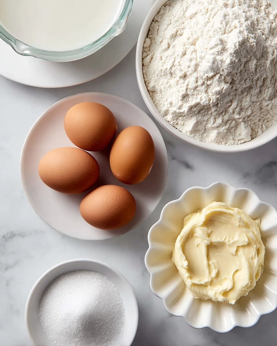 The image shows six main ingredients placed separately on a white marbled surface. There are three brown eggs sitting together in the center on a white shallow round bowl. Above them, slightly to the right, is a white bowl filled with a large amount of flour that looks soft and powdery with small clumps. In the bottom right corner, there is a white scalloped bowl filled with creamy, pale yellow butter or cream cheese, with a smooth yet lightly textured surface. Below the eggs, there is a small white round bowl filled with white granulated sugar, showing fine texture and a slight mound. In the top left corner, part of a white bowl is visible with a light liquid, likely milk or cream, showing a smooth, reflective surface. The overall setup is simple with a clean and fresh look. Photo taken with an iphone --ar 4:5 --v 7