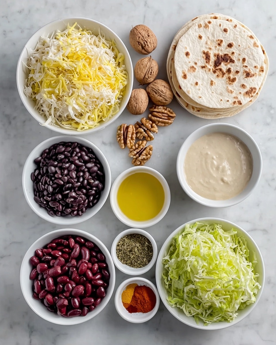 The image shows a white marbled surface with various ingredients arranged neatly in white bowls and plates. There is a bowl of shredded yellow and white cheese at the top left, and walnut halves and whole walnuts placed scattered to the right of it. Below the cheese, there is a small bowl of green dried herbs, next to a bowl filled with dark black beans. To the right of the black beans, there is a bowl of thick, light-colored sauce. Stacked on the right side are soft, lightly browned flour tortillas. Below the herbs and olive oil, there is a bowl containing dark red kidney beans mixed with bits of tomato or sauce. A round small plate with assorted powdered spices sits in the middle. Lastly, a bowl full of shredded pale green cabbage rests at the bottom right. The photo taken with an iphone --ar 4:5 --v 7