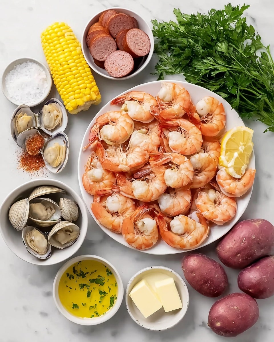 The image shows a white plate filled with pink cooked shrimp arranged in a circle with their heads toward the center. Around the plate, there are several small white bowls containing different items: sliced reddish smoked sausage, seasoning powder with a reddish tint, a square of light yellow butter, and clams both opened and closed in liquid. Next to the bowls, there is a small bunch of fresh green parsley, two pieces of yellow and white corn on the cob, a lemon half with bright yellow flesh, and a group of small red potatoes. All items are placed on a white marbled surface. photo taken with an iphone --ar 4:5 --v 7