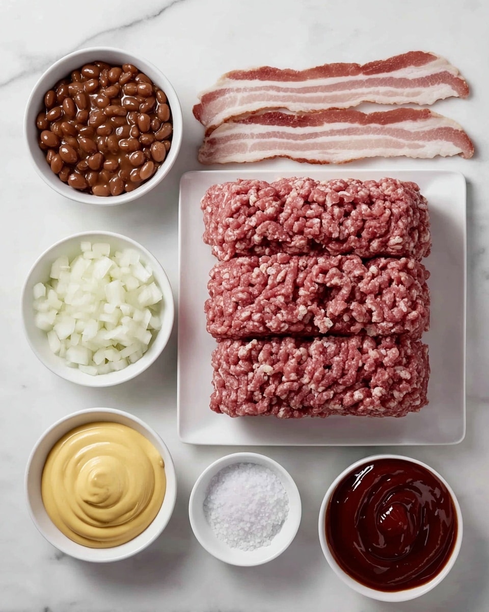 The image shows ingredients arranged neatly on a white marbled surface, each in small white bowls or plates. There is a white square plate with three stacked layers of raw ground meat, rich pink with a slightly coarse texture. To the right are four strips of uncooked bacon with pale pink and white stripes, laid side by side. Above the meat are three small white bowls: a thick pale yellow mustard with a smooth swirl, fine white granulated sugar, and a glossy dark reddish-brown barbecue sauce with a glossy, thick texture. Below the meat is a bowl filled with white chopped onions, small square pieces with a crisp appearance, and next to it, smaller bowl of coarse white salt. Finally, a larger bowl below the bacon holds shiny, dark brown baked beans, coated in a glossy sauce, filling the bowl completely. The photo taken with an iphone --ar 4:5 --v 7