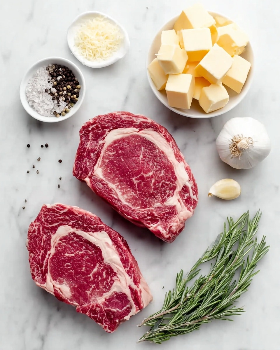 The image shows two raw, marbled pieces of red meat with white fat streaks, placed on a white marbled surface. Above the meat, there is a small white bowl filled with cubes of pale yellow butter. To the left side of the meat, a small white bowl contains coarse salt and green herbs, surrounded by scattered black peppercorns. To the right of the meat, there is a whole garlic bulb near a single peeled garlic clove and a fresh sprig of green rosemary. The overall arrangement is neat and bright with natural lighting. photo taken with an iphone --ar 4:5 --v 7