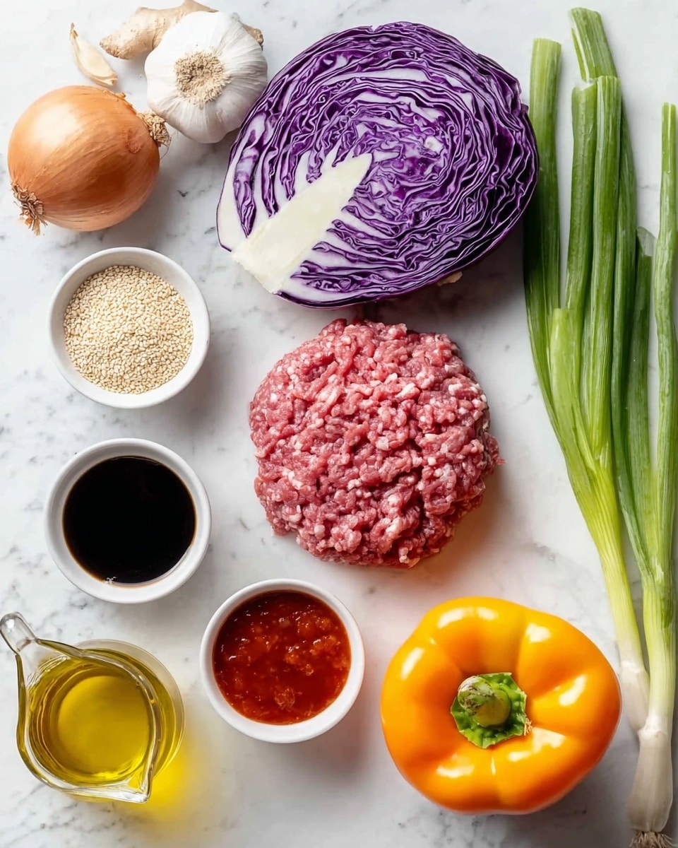 A close-up view of a bowl filled with a soup containing multiple colorful layers: the bottom layer is a clear, brownish broth with tiny oil bubbles floating on the surface; on top of this broth are small clusters of cooked ground meat with a crumbly texture in brown; scattered chopped red tomatoes add small bright red bits; purple strips of cabbage provide a vibrant color contrast; some chopped green vegetables and herbs are sprinkled throughout, adding green touches; the soup is served in a white bowl with a textured surface, and a bronze spoon is partially submerged on the right side; the background is a white marbled surface sprinkled with small pieces of herbs and coarse salt; photo taken with an iphone --ar 4:5 --v 7