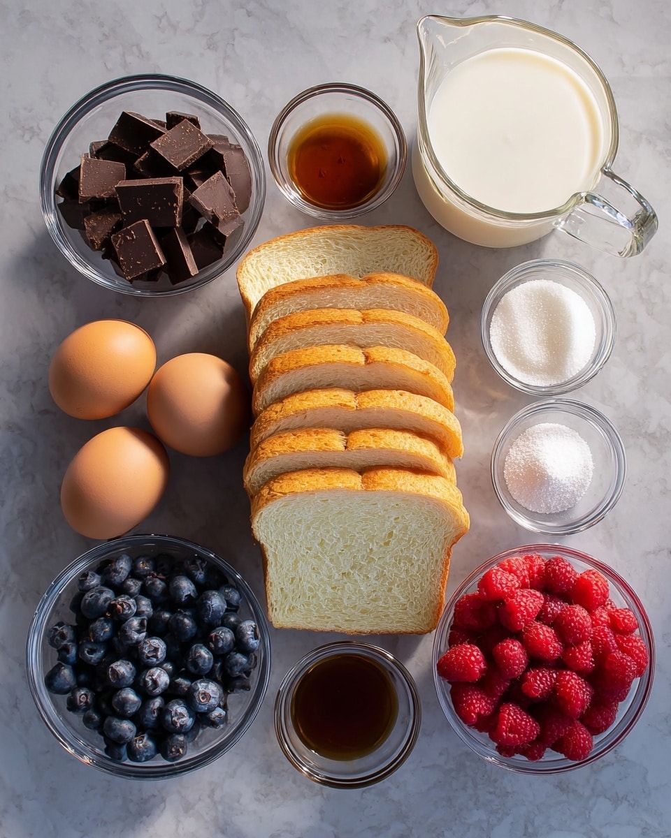 The image shows ingredients laid out on a white marbled surface arranged neatly in a top-down view. There are eight slices of golden yellow bread stacked in the center with soft textures and rounded edges. To the left, there are three brown eggs placed in a small group. Above the eggs is a clear bowl filled with small dark chocolate cubes. Below them is a clear bowl filled with fresh blue blueberries in a blue-purple color. To the right of the bread slices, there is a group of three clear bowls and a clear measuring cup. The top bowl holds a dark brown vanilla extract, the middle bowl contains white granulated sugar, the bottom bowl a white cream, and the clear measuring cup is filled with white milk. Finally, to the right of the cream bowl is another clear bowl filled with fresh bright red raspberries. All ingredients are clearly visible with no shadows, and the lighting is soft and even. Photo taken with an iphone --ar 4:5 --v 7