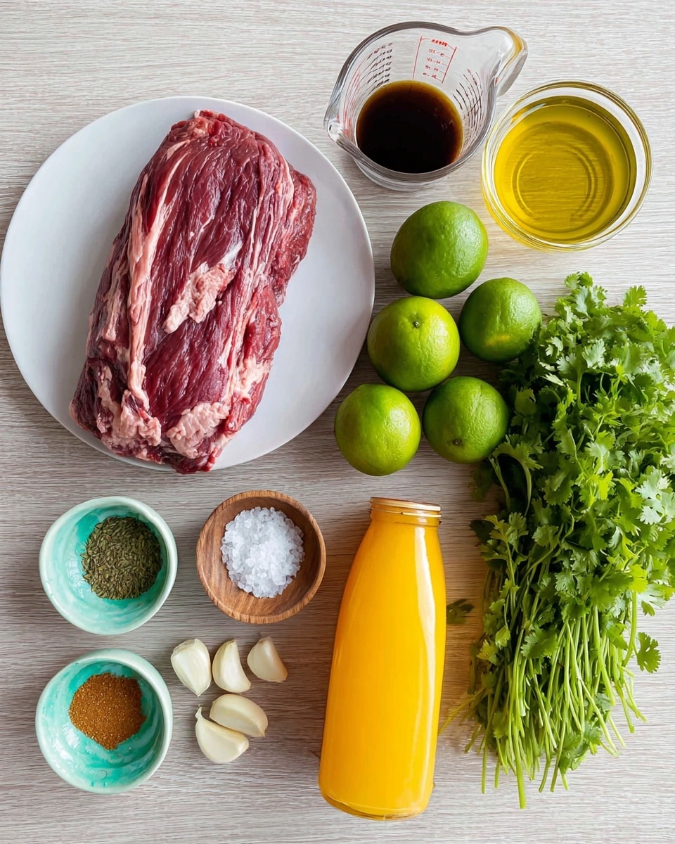 The image shows three soft corn tortillas placed on a dark surface with a white marbled texture. Each tortilla has a layer of thinly sliced grilled meat that is brown with a slight pink center. On top of the meat, there is a sprinkling of chopped white onions and fresh green cilantro leaves. Two lime wedges, light green with a juicy texture, sit between the tortillas. Some cilantro leaves are scattered around the tortillas on the surface. Photo taken with an iphone --ar 4:5 --v 7