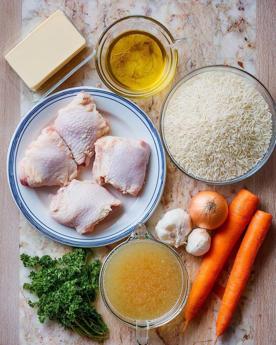 The image shows a group of raw ingredients for cooking, all placed on a white marbled surface. At the center, there is a white plate with blue stripes holding four pieces of raw pale pink chicken thighs. To the right of the plate, a clear glass bowl is full of white uncooked rice, while slightly below it, a clear measuring jug holds yellowish chicken broth. Next to the broth, there is a small white bowl filled with grated pale yellow cheese. On the left side, two fresh orange carrots and a round brown onion lay on the surface, next to a bulb of white garlic. Above them, a small clear glass bowl with light yellow oil and a white block of butter wrapped in paper are placed side by side. On the top right, a bunch of fresh green parsley adds a splash of color. The scene is bright and clean, showing all elements clearly. Photo taken with an iphone --ar 4:5 --v 7