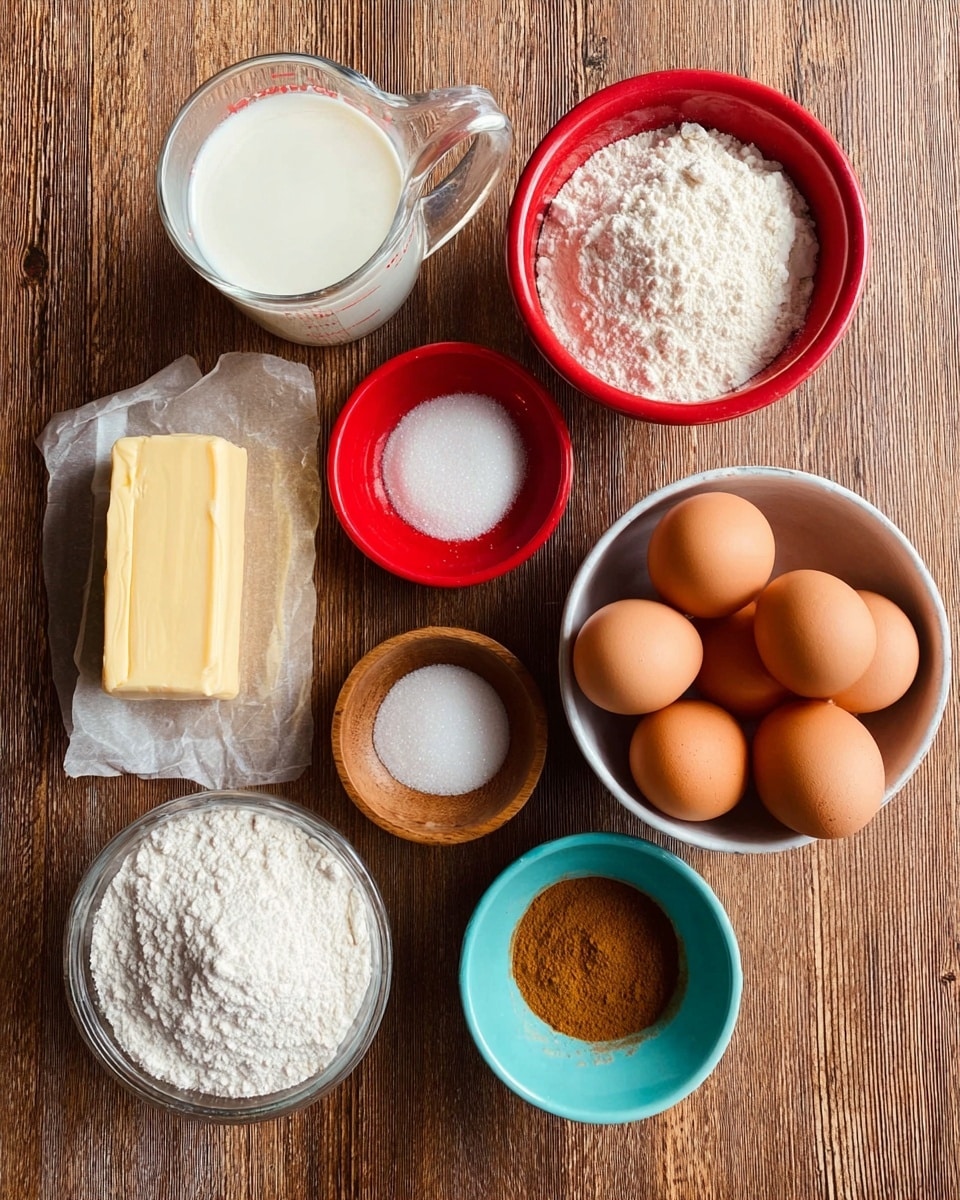 The image shows a wooden surface with several baking ingredients arranged neatly. There is a clear glass measuring cup filled with milk on the top left, next to a white stick of butter wrapped in paper. Four brown eggs are placed in a group on the right side. A red bowl filled with white flour is near the bottom left, with a small wooden bowl containing a pinch of salt above it. At the top center, a red bowl holds white granulated sugar, while to the right, a yellow bowl is filled with more white sugar. Finally, a small turquoise bowl with brown cinnamon powder is placed near the bottom right. The background is a white marbled texture. Photo taken with an iphone --ar 4:5 --v 7