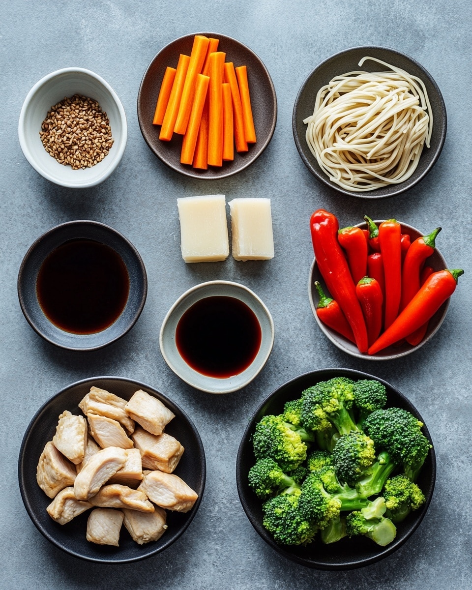 A close-up view of a bowl filled with stir-fried noodles layered with bright green broccoli florets, sliced red and green bell peppers, thin carrot strips, and light brown chicken pieces. The noodles are glossy, golden-yellow, and intertwined, with a scattering of white sesame seeds on top. The bowl is white with black speckles and sits on a white marbled surface. photo taken with an iphone --ar 4:5 --v 7
