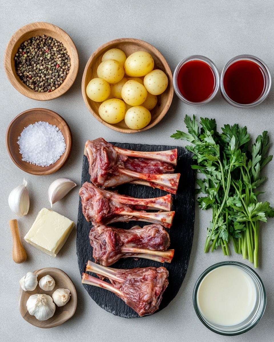 This image shows a close-up of four large pieces of cooked meat in a rich, dark reddish-brown sauce. The meat looks tender with slightly crispy edges and varies in texture from smooth to rough. A long brown spice stick and a large dark green bay leaf rest on top of the meat, which is garnished with small green leaves scattered over the sauce. The background is a white marbled texture. photo taken with an iphone --ar 4:5 --v 7