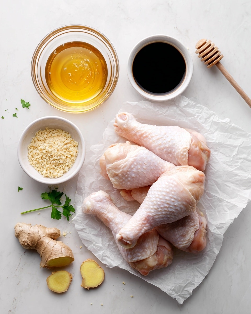A top view of a white marble surface with six raw chicken drumsticks stacked on a piece of parchment paper to the right center, showing pale pink skin texture. To the top left, there is a clear glass bowl filled with a light golden liquid, and below it, a small clear bowl with honey and a wooden honey dipper lying across it. Below the honey is a small glass bowl filled with chopped garlic and sesame seeds. To the right of the honey and garlic bowls is a white speckled bowl with dark soy sauce. Around these bowls, there are whole and sliced fresh ginger roots with light brown skin and yellow interior, along with three garlic cloves scattered near the bottom. A few sprigs of fresh green parsley lay behind the chicken on the top right. The overall scene is clean and bright. Photo taken with an iphone --ar 4:5 --v 7