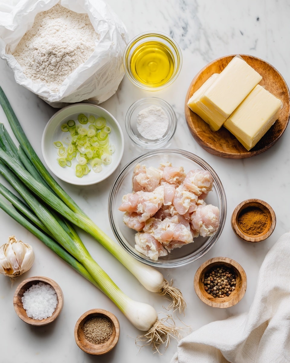 The image shows a top view of various raw cooking ingredients arranged on a white marbled surface. In the center is a clear glass bowl filled with pale pink raw chicken pieces. Around it are small white bowls and glass jars containing chopped green onions, white salt, brown and yellow spices, and golden oil in a glass measuring cup. On the left side, a wooden dish holds three slices of pale yellow butter, and whole green onions with white bulbs rest nearby. A white cloth drapes softly across the bottom and right edges of the frame. The setup is neat, colorful, and well-lit, showcasing the ingredients clearly. photo taken with an iphone --ar 4:5 --v 7