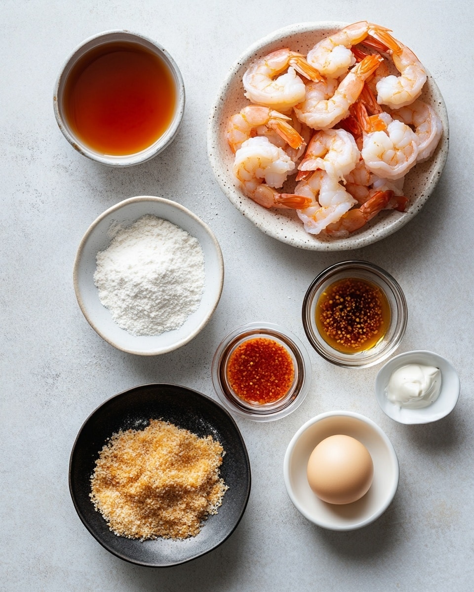 A pile of golden fried shrimp with a crispy coating sits in a white bowl, each shrimp drizzled with light orange sauce and sprinkled with small green herb pieces. Behind the bowl, there is a small white bowl filled with creamy orange dipping sauce, placed on a white marbled surface with some scattered green herbs. A black and white striped cloth is loosely placed in the background. The photo taken with an iphone --ar 4:5 --v 7