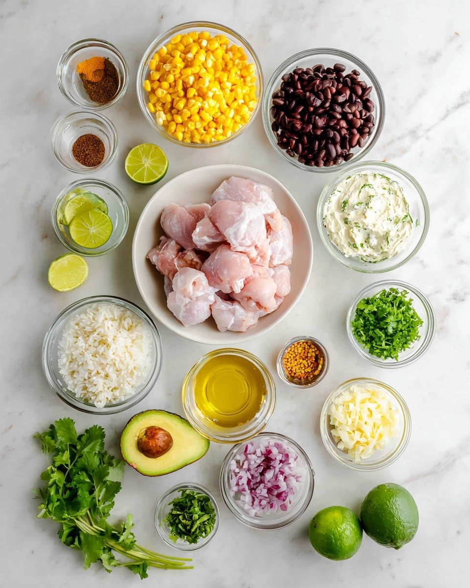 A flat lay image of various raw ingredients arranged neatly on a white marbled surface, centered around a white plate holding several pieces of raw pink chicken thighs. Surrounding the chicken are clear glass bowls containing bright yellow corn, dark red kidney beans, fluffy white rice with green herbs, creamy white sour cream, and chopped red onions. Smaller bowls hold coarse salt, black pepper, orange paprika, golden olive oil, and brown seasonings. Two whole dark green avocados sit near the bottom alongside fresh green cilantro, two whole limes, and green lime zest in a small bowl. Additional small bowls contain dark brown sauce, sun-dried tomatoes, and a light yellow liquid, all arranged evenly to create a colorful and fresh ingredient spread. photo taken with an iphone --ar 4:5 --v 7