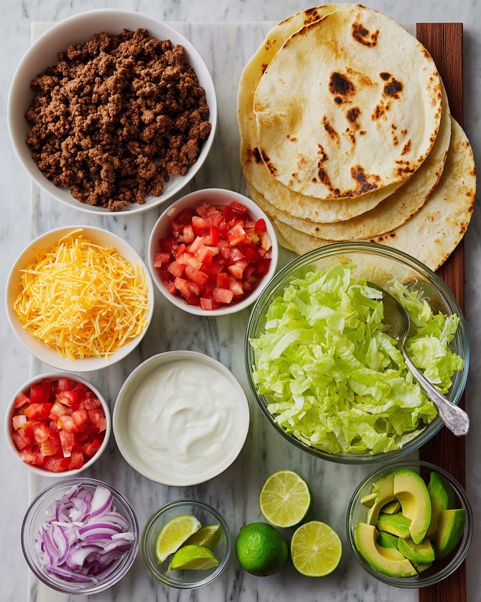 On a white marbled surface, there is a setup for tacos with several white bowls and plates. The top left white bowl holds brown cooked ground meat with a crumbly texture. Next to it, there are two white tortilla shells with browned spots, shaped like bowls. Below is a small white bowl filled with shredded yellow cheese. To the right, a white bowl with chopped red tomatoes shows smooth, juicy pieces. A bigger clear bowl nearby has pale green shredded lettuce with a fresh, crisp look. There are several lime wedges placed near the bowls. A white bowl at the bottom left shows a smooth white sour cream with a spoon inside. Closest to the bottom center, a small clear bowl has diced red onions in purple and white colors. A small white bowl at the bottom right has cubed light green avocado with some darker green parts. The whole scene is neat and colorful, showing fresh taco ingredients ready for making. Photo taken with an iphone --ar 4:5 --v 7