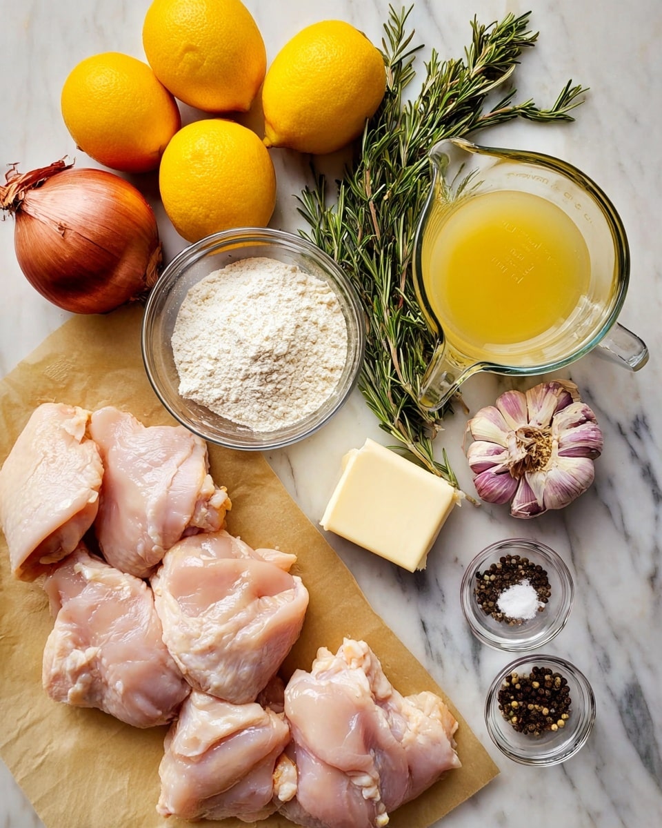 The image shows a white marbled surface with various ingredients placed neatly on it. In the bottom right, there are four pieces of raw chicken on light brown parchment paper. Above the chicken, there is a red shallot with its skin on. To the left of the shallot, fresh green rosemary sprigs lie flat. Near the top left, there is a block of butter on a small piece of parchment. Next to the butter, a clear glass bowl holds white flour. On the top right side, a glass measuring cup is filled with a clear pale yellow liquid. Near the center, three garlic cloves with purple and white skin sit close to a whole garlic bulb. To the top left of the garlic, there are two whole yellow lemons, one is sliced in half showing its bright interior. Small clear bowls hold black pepper and coarse salt near the top right. The photo taken with an iphone --ar 4:5 --v 7