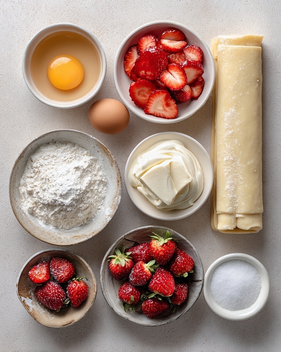 The image shows several triangular puff pastry desserts on a white marbled surface. Each dessert has two layers of golden-brown, flaky puff pastry with a soft, light texture. Between the layers, there is a thick ring of white cream swirled neatly, topped with bright red sliced strawberries that peek out from the edges. The pastries are dusted lightly with powdered sugar, adding a soft white texture on top. Fresh whole strawberries with green leaves are scattered casually around the pastries, adding a fresh and vibrant look to the scene. photo taken with an iphone --ar 4:5 --v 7