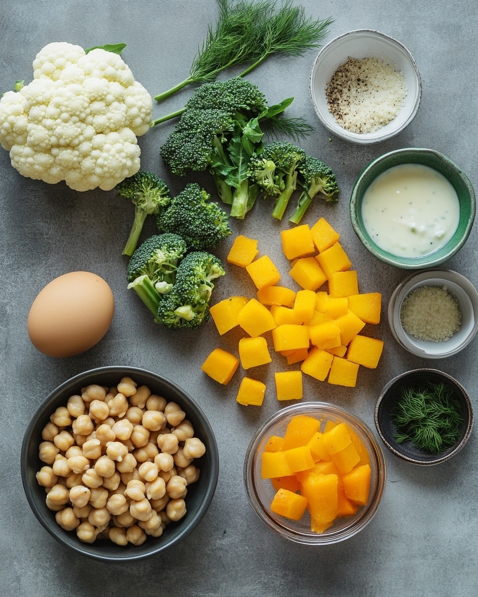 A white bowl filled with four brown meatballs placed on top of a mix of orange cubed butternut squash, roasted green broccoli florets, light brown chickpeas, and white roasted cauliflower pieces. There are two dollops of sauce on the vegetables: one is red and textured, the other is white and creamy with green herbs. Small green herbs are sprinkled on top for garnish. A silver fork is resting inside the bowl on the right side. The bowl is on a white marbled surface with parts of a black tray containing more vegetables and small white bowls of sauce visible around it. Photo taken with an iphone --ar 4:5 --v 7