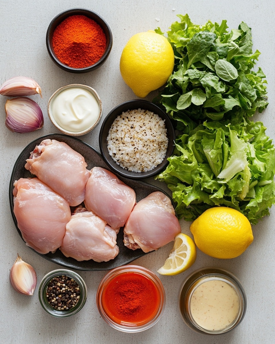 The image shows two clear rectangular glass containers filled with a fresh salad on a white marbled surface. Each container has a bottom layer of light green chopped lettuce, topped with dark, grilled pieces of seasoned chicken arranged in the middle. Bright red tomato slices are placed on one side, while thinly sliced purple-red onions fan out beside the tomatoes. The chicken is drizzled with white creamy dressing and vibrant red sauce on top. Nearby, there are lemon wedges and a small jar of white creamy dressing on the white marbled surface, with a woman's hand holding a striped cloth on the right edge. photo taken with an iphone --ar 4:5 --v 7