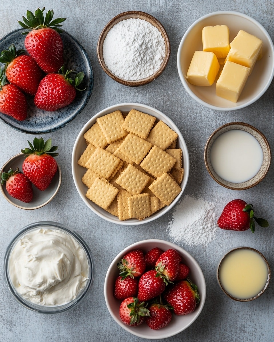 A close-up of a creamy pie with three layers: the bottom layer is a crumbly light brown crust, the middle layer is thick and pale yellow with small specks, and the top layer is a smooth white cream. On top of the pie, there is a cluster of fresh berries including red raspberries and blackberries. In the background, there is a white container filled with bright red strawberries, and some whole strawberries are scattered on a white marbled surface around the pie. Photo taken with an iphone --ar 4:5 --v 7