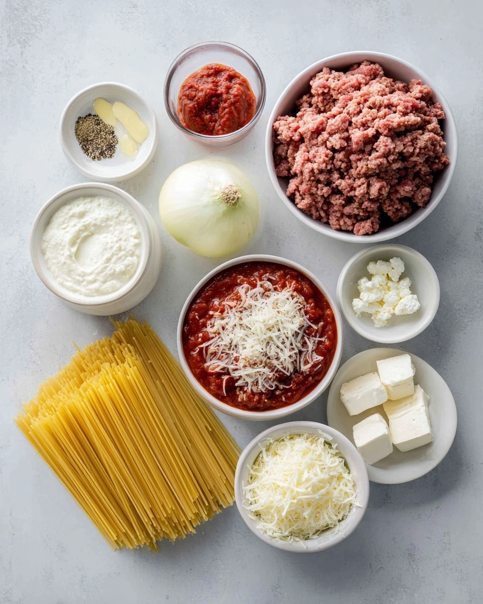A square piece of spaghetti casserole sits in the center of a white plate on a white marbled surface. The casserole has four visible layers: the bottom layer is a creamy mixture with light yellow pasta strands, above it is a rich red sauce mixed with browned meat, then another thicker layer of pasta coated in orange cheese, topped with a light golden baked cheese layer sprinkled with black pepper. Some salad with green leaves and red cherry tomatoes is partially visible to the side. The dish looks warm and hearty, with melted cheese slightly browned on top. Photo taken with an iphone --ar 4:5 --v 7