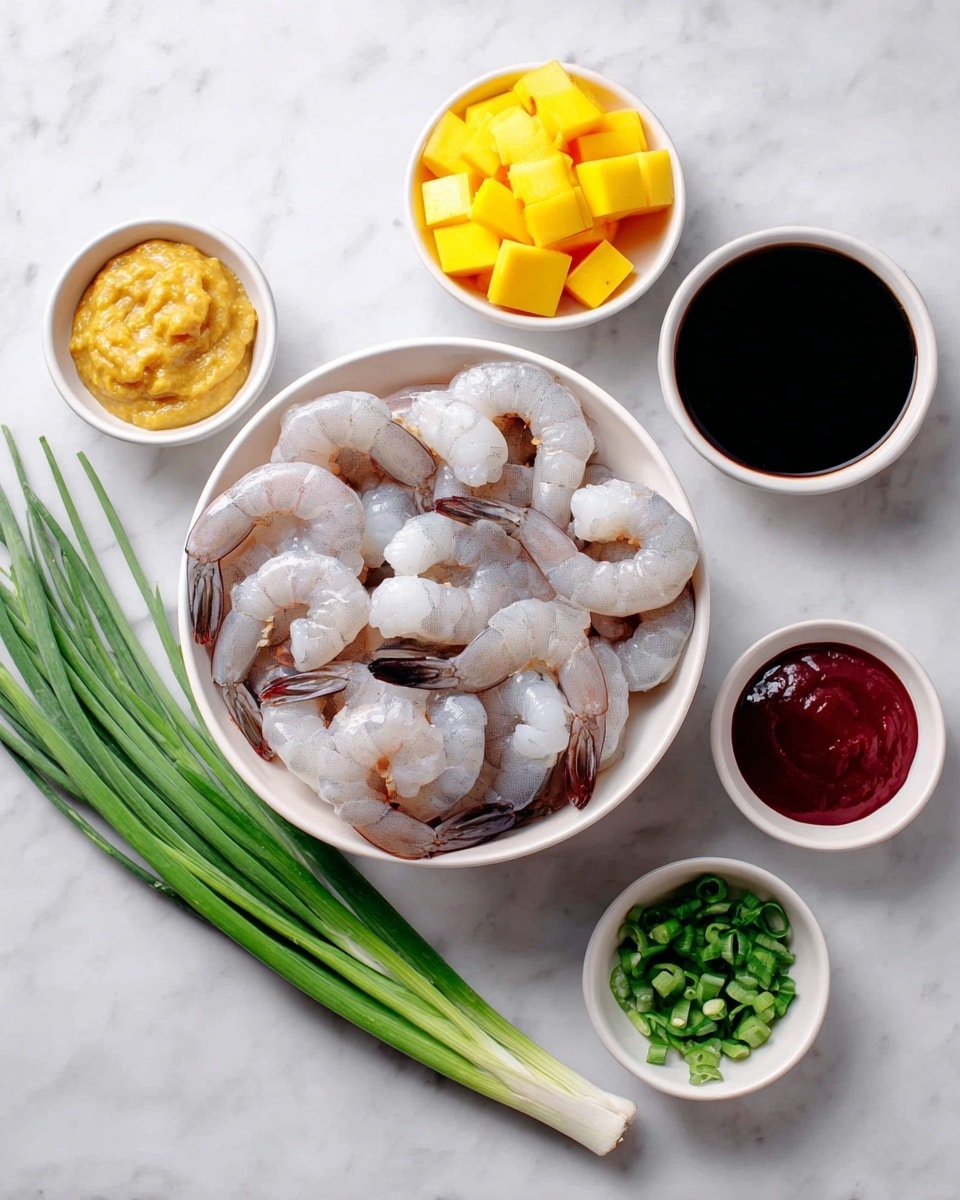 The image shows a white bowl filled with raw shrimp arranged in a circular pattern, with their tails facing outward, showing their light grey and translucent texture with a hint of red on the tails. To the top left, there is another white bowl filled with bright yellow mango chunks, cut into small cubes with smooth edges. Above the shrimp bowl lies a bunch of long, fresh green onions stacked neatly side by side with the green ends pointing upward. On the top right, a small white bowl contains thick dark red sauce, with a glossy texture. Just below it, another small white bowl holds fresh chopped green herbs, likely cilantro. Below the mango bowl, there is a small white bowl with a pale yellow coarse sauce that looks textured. At the bottom left, another small white bowl is filled with a very dark brown, almost black, smooth liquid sauce. All the bowls and ingredients sit on a white marbled surface. photo taken with an iphone --ar 4:5 --v 7