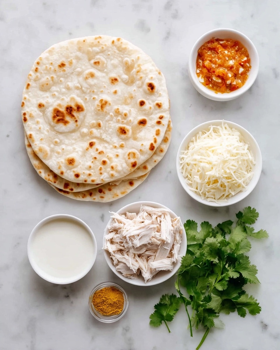 The image shows three round flatbreads stacked on top of each other with light brown spots from cooking, placed on a white marbled surface. To the right, there is a white bowl filled with shredded cooked chicken, and above it, a small white bowl with red chunky sauce or salsa. Below the bowl of chicken is a small oval white dish filled with white shredded cheese. There is a small round white bowl filled with a creamy white liquid to the left, and below it, another small white bowl containing a yellowish powder. A small clear glass of water is placed near the bottom right, next to a small bunch of fresh green parsley. The arrangement is neat and each element is clearly visible, against a clean white marbled background. photo taken with an iphone --ar 4:5 --v 7