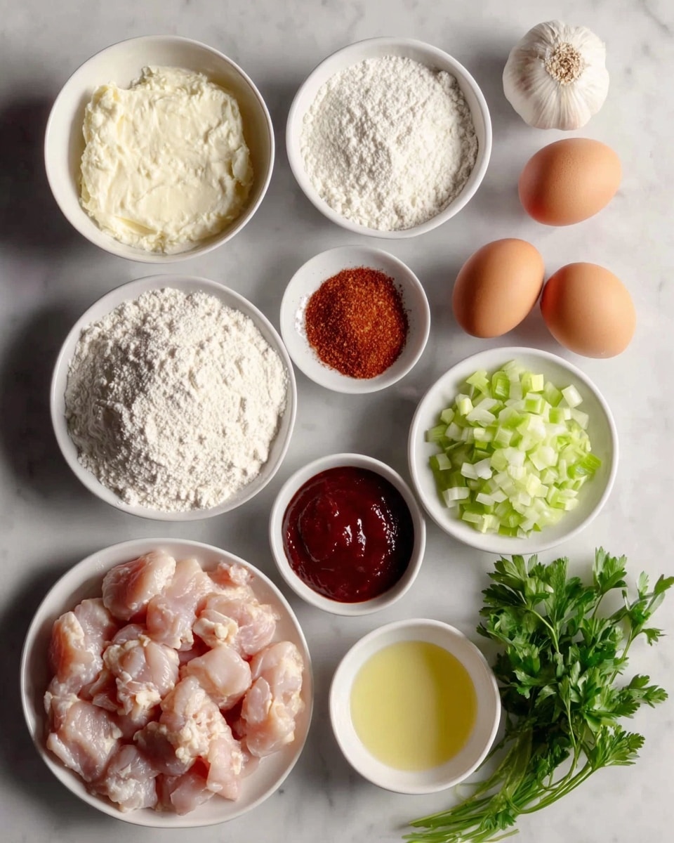 The image shows a white marbled surface with various fresh cooking ingredients arranged neatly. In the center-left, there is a large pile of raw, light pink chicken pieces with a soft texture. Surrounding the chicken, there are several white bowls: one with smooth, white whipped cream or ricotta cheese swirled in a bowl at the top left; next to it on the right are four brown eggs and two whole garlic bulbs. Below the eggs, a large scalloped white bowl is filled with fine white flour, and beside it to the left is a smaller bowl with more flour. A small bowl of brown spice powder is in the center. Below that is a bowl of light golden liquid, possibly oil, next to a bowl of deep red sauce with a smooth texture. At the bottom right corner, there is a bowl filled with small, pale green diced celery and a small bunch of fresh green parsley. The whole setup is clean and organized, showing all ingredients clearly on the white marbled background photo taken with an iphone --ar 4:5 --v 7