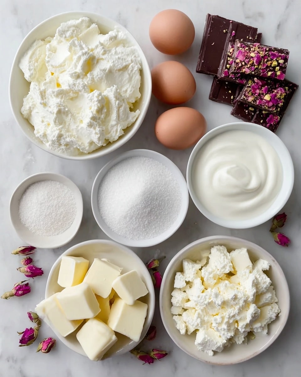 The image shows an overhead view of various cooking ingredients arranged neatly on a white marbled surface. There are eight white bowls of different shapes, each holding different ingredients: a bowl of thick, off-white cream, a bowl filled with white flour, a bowl with white granulated sugar, a bowl containing soft white cheese curds, a bowl with cubed butter, a bowl of smooth white yogurt, and a small bowl with finely grated white cheese. In the center, there are three brown eggs placed next to each other, and to the top right, there are three pieces of dark chocolate topped with crushed pink rosebuds. Scattered around the bowls and eggs are small, whole dried pink rosebuds. photo taken with an iphone --ar 4:5 --v 7