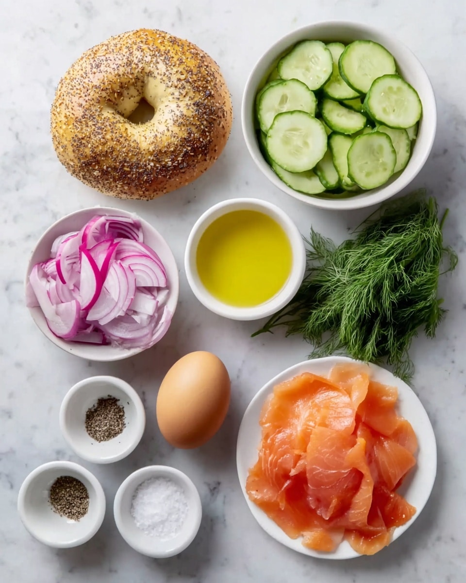 An everything bagel with a golden brown crust covered in poppy seeds sits on a white marbled surface. Next to it, a white bowl full of bright green cucumber slices is placed. Below the bagel, another white bowl holds a mix of thinly sliced radishes with red edges and translucent purple onion slices. A small white cup filled with black ground pepper and a small white cup of coarse white salt are placed nearby. An uncooked brown egg lies beside a white bowl containing a golden yellow liquid, likely oil or melted butter. At the bottom right, a white plate is heaped with thin, glossy slices of fresh orange-pink smoked salmon. A small bunch of fresh dark green dill rests next to the bowls. The photo taken with an iphone --ar 4:5 --v 7