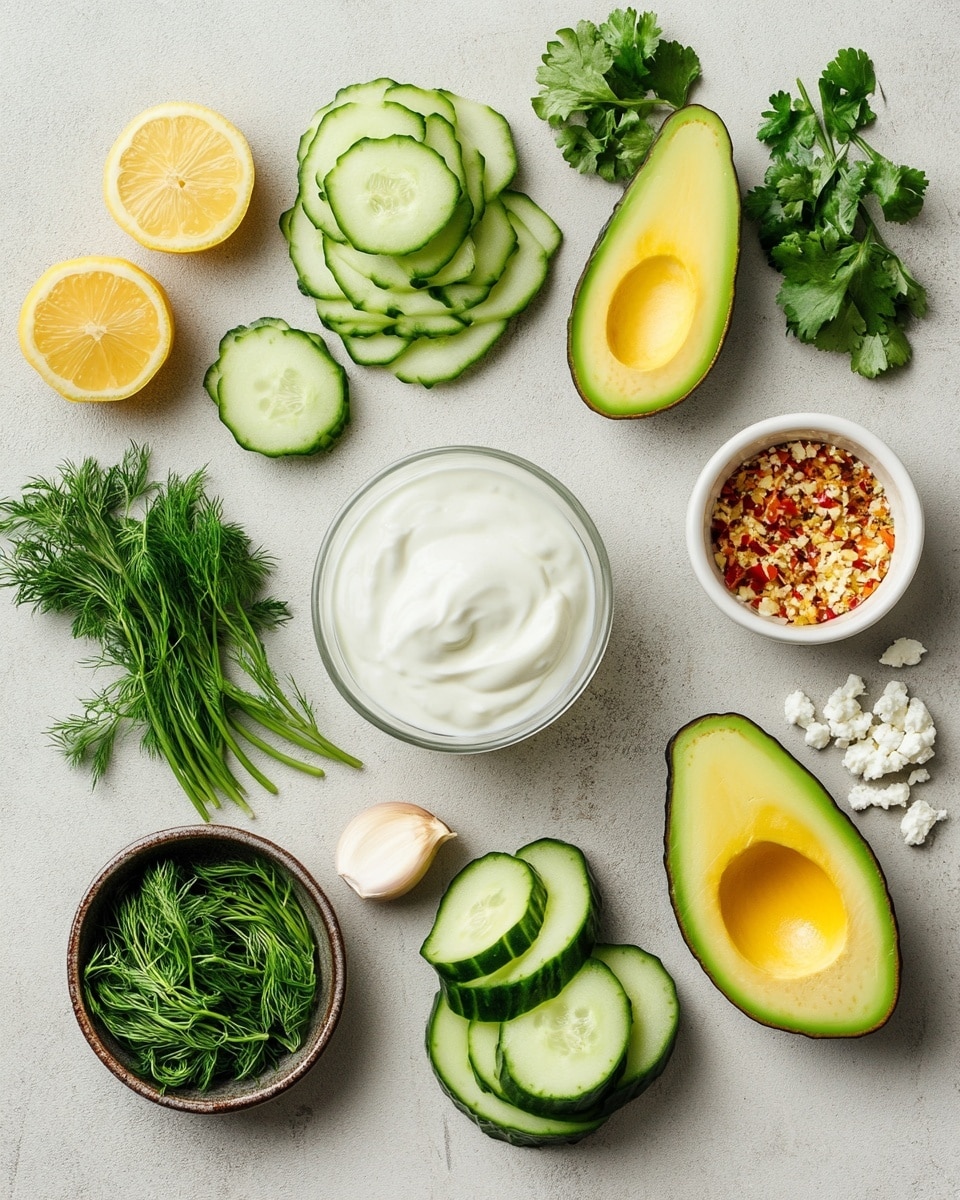 A large white bowl holds a fresh salad arranged in neat sections from top left going clockwise: thinly sliced cucumber rounds, chopped green onions, chopped spinach leaves, crumbled white cheese scattered over the vegetables, a pile of finely shredded cabbage, and thinly sliced avocado fanned out. Small bits of green herbs and red pepper flakes are sprinkled on top. The bowl sits on a white marbled surface with scattered cucumber pieces nearby, a wooden spoon partially visible on the left, and a jar of green dressing to the bottom right. Photo taken with an iphone --ar 4:5 --v 7