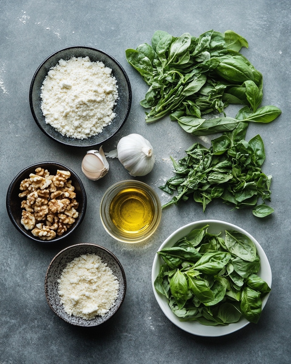 The dish is a pizza cut into six slices, placed on a white marbled surface. The crust is golden brown and slightly thick with a soft texture. The base layer features melted white cheese with hints of browned spots, topped with wilted dark green leafy vegetables scattered across each slice. Thin ribbons of pale yellow squash with slightly charred edges are arranged on top, adding a curled texture. Fresh green basil leaves are scattered over the pizza, adding bright pops of color. The slices are placed close together, some overlapping slightly, creating a casual and inviting presentation. Photo taken with an iphone --ar 4:5 --v 7