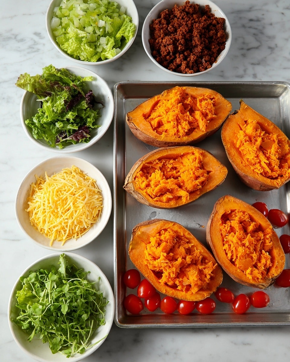 The image shows four halves of baked sweet potatoes with bright orange, soft, and mashed flesh placed on a metal baking tray on a white marbled surface. Around the tray, there are six white bowls: the top left bowl has chopped bright green lettuce, the middle left bowl contains crumbly cooked brown meat, the bottom left bowl holds fresh green microgreens, the bottom middle bowl is filled with halved red cherry tomatoes, and the bottom right bowl contains a yellow shredded cheese. The colors are vivid, and the textures of the food vary from soft and mashed to fresh and crisp. photo taken with an iphone --ar 4:5 --v 7