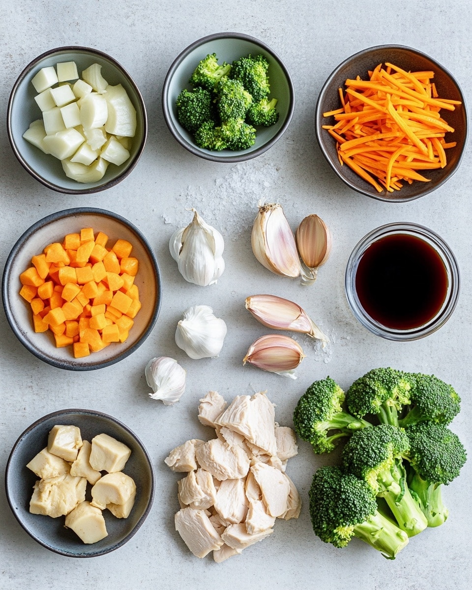 A white bowl sits on a white marbled surface filled with two main layers: the bottom layer is plain white rice with individual grains visible, and the top layer is a colorful stir-fry mix placed mostly on one side of the bowl. The stir-fry has small pieces of cooked meat in a light brown sauce, bright green broccoli florets, thin strips of orange carrot, and chopped green onions sprinkled on top. The dish also has sesame seeds scattered over the stir-fry, adding texture. The background shows a blurred striped cloth in neutral colors and wooden chopsticks on the marble surface. photo taken with an iphone --ar 4:5 --v 7