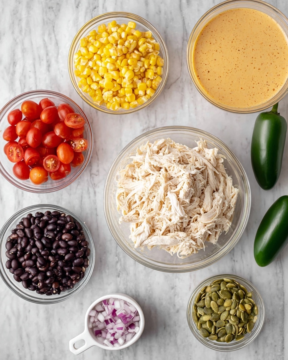 The image shows seven clear glass bowls and one white measuring cup with different food items arranged on a white marbled surface. Starting from the center, the largest bowl holds a single thick layer of shredded pale chicken. Above it, a medium bowl has a creamy, smooth orange sauce with tiny dark specks. To the left side, a medium bowl contains shiny bright yellow corn kernels, while just below it, a smaller bowl has halved red cherry tomatoes with a juicy texture. Below the chicken bowl, a medium bowl is filled with shiny black beans, piled in a solid black layer. To the right, a white measuring cup holds finely chopped purple onions, showing their crisp texture. Next to this, a smaller bowl is filled with green pumpkin seeds overlapping each other. A whole green jalapeño pepper lies flat on the marbled surface near the onion and pumpkin seeds. The whole setup is bright and clean, presented neatly. Photo taken with an iphone --ar 4:5 --v 7