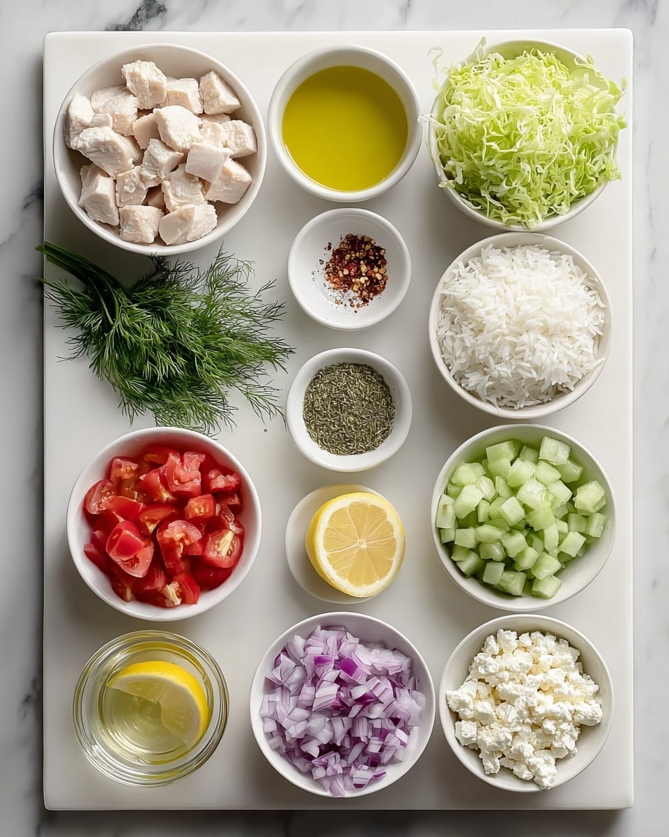 The image shows a white cutting board on a white marbled surface with eleven white bowls and small dishes arranged neatly. Starting from the top left and moving clockwise, there is a bowl filled with white, cubed pieces of chicken. Next, a small bowl contains golden olive oil. Nearby is a bowl with white cooked rice. Beside it is a small bowl holding a sliced lemon in water. Below that is a bigger bowl full of crumbly white cheese. Next to it is a bowl with chopped red onions. Above that, a small dish contains mixed seasoning with red chili flakes. To the left, another small dish has dried green herbs. Below that is a bowl filled with chopped tomatoes and red onions. Towards the bottom left, a bowl holds roasted green cucumber slices, and at last, a bowl with chopped light green lettuce leaves. Fresh sprigs of dill are placed around the board. Photo taken with an iphone --ar 4:5 --v 7