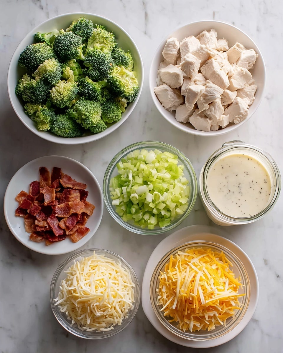 The image shows eight bowls arranged on a white marbled surface, each containing different ingredients. Starting from the top left, a large white bowl is filled with bright green broccoli florets. To its right, a small clear bowl holds shredded light yellow cheese. Next to it on the right is a clear glass container with a creamy white sauce speckled with herbs. Below the cheese, there is a small white bowl filled with shredded white cheese, and to the right of it, a small clear bowl with shredded darker yellow cheese. Below the broccoli, a large white bowl contains pieces of cooked white chicken. Next to it on the right, a small white plate holds crispy reddish-brown bacon pieces. Finally, in the bottom right corner, a small white bowl contains small chopped white onions. photo taken with an iphone --ar 4:5 --v 7
