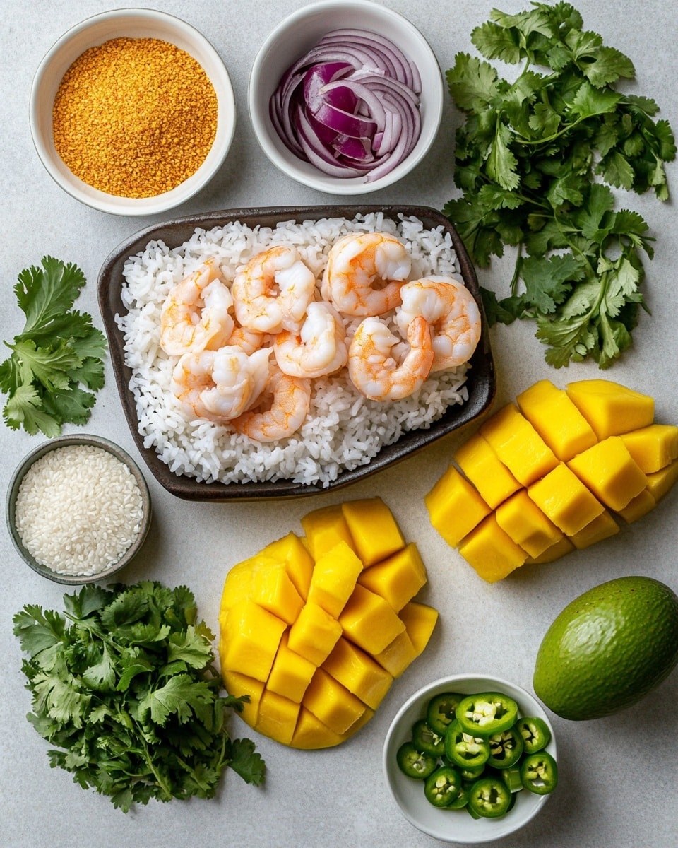 A white bowl filled with a base layer of white rice, topped with three main sections: one side has bright green sliced avocado drizzled with an orange sauce and sprinkled with black sesame seeds, the middle section has golden yellow diced pineapple mixed with green herbs and black sesame seeds, and the other side is covered with grilled shrimp showing a reddish-brown char, also drizzled with the same orange sauce and sprinkled with black sesame seeds, finished with a small garnish of fresh green cilantro and some purple cabbage near the top, all on a white marbled surface. photo taken with an iphone --ar 4:5 --v 7