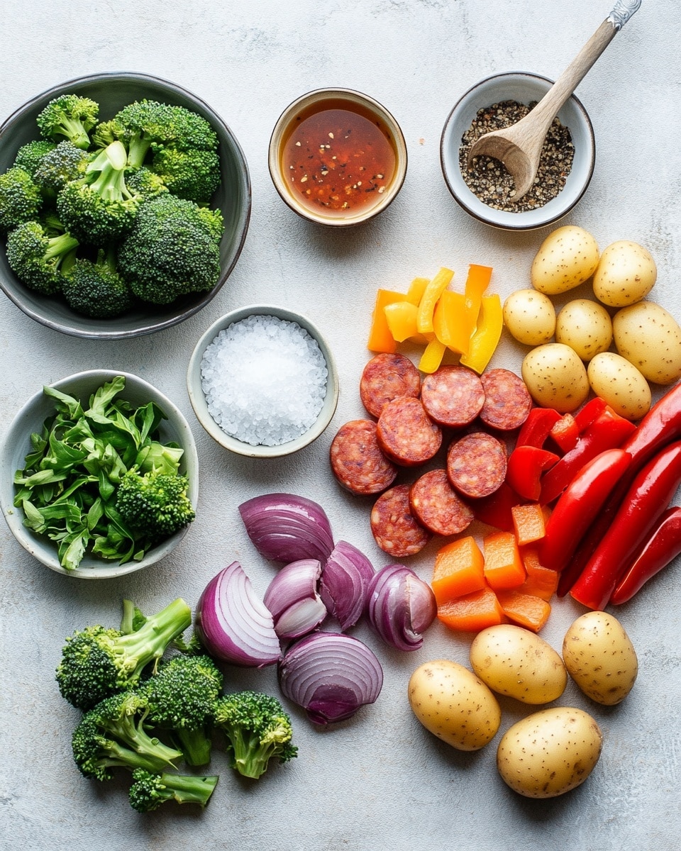 The image shows a black pan filled with several layers of roasted food. The bottom layer is made of small whole potatoes and baby carrots that are shiny and golden brown. On top of this, there are slices of dark red sausage with a crispy outside. Among these, there are small pieces of green herbs scattered, adding a fresh look. The vegetables and sausage are arranged evenly and look juicy. The pan sits on a white marbled surface. photo taken with an iphone --ar 4:5 --v 7