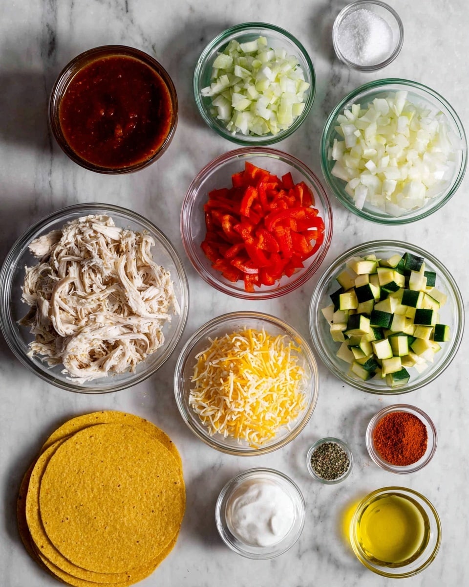 The image shows several clear glass bowls and one white bowl arranged on a white marbled surface. In the white bowl, shredded white chicken is placed at the lower left. Two yellow corn tortillas are stacked at the bottom center. Above the tortillas, a clear bowl holds sliced green zucchini, and next to it on the right is a small clear bowl with light yellow oil. Below the oil bowl is a small clear bowl with green dried herbs. To the left of the herbs is a small clear bowl with red chili powder. Above that is a clear bowl with bright red chopped bell peppers. A large clear bowl filled with shredded cheese in white and orange colors is next to the red bell peppers on the left. Above the shredded cheese is a small clear bowl with white sour cream. Further left, a larger clear bowl contains a thick dark red-brown sauce. The bowls and ingredients form a neat, organized grid with clear bright colors contrasting on the white marbled background. photo taken with an iphone --ar 4:5 --v 7