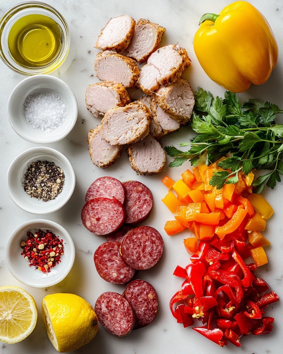 The image shows a neat arrangement of fresh cooking ingredients on a white marbled surface. In the center, there are two kinds of sliced meats: some slices of light brown cooked meat, and round slices of reddish sausage with white fat spots. To the right, there is a whole bright yellow bell pepper with cut red and orange bell pepper pieces next to it. Above the yellow pepper, there is a bunch of fresh green herbs. On the left side are two lemon halves with one whole yellow lemon below them. Surrounding the meats and vegetables are small white bowls containing different spices: coarse salt, ground black pepper, cracked black pepper with flakes, and crushed red chili flakes. A small glass bowl with golden olive oil sits near the herbs. A pair of small red peppers is also arranged near the sausage slices. Everything is well spaced and colorful, giving a fresh and clean look. photo taken with an iphone --ar 4:5 --v 7