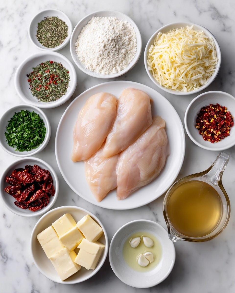 This image shows an overhead view of several white dishes arranged on a white marbled surface. In the middle is a white plate with three smooth, pale pink raw chicken pieces. Surrounding the plate are small white bowls holding various ingredients: finely chopped green herbs, white flour, shredded cheese, small cubes of garlic, sun-dried tomatoes, dried herbs, crushed red pepper flakes, olive oil, salt and pepper, and two squares of butter on another small white plate. There is also a glass measuring cup filled with light brown broth on the right side. The colors range from the pale pink chicken to the bright green herbs, red tomatoes, and creamy white and yellow tones of the butter and cheese. The layout is neat and organized, giving a clear view of all ingredients. photo taken with an iphone --ar 4:5 --v 7
