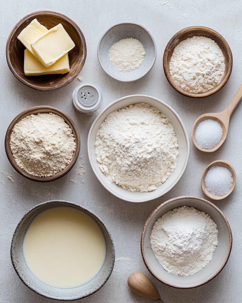 A group of nine golden-brown biscuits packed tightly together in a black cast iron pan, each biscuit showing about three to four visible layers with soft, crumbly textures and slightly rough tops, their warm yellow and light brown colors suggesting freshness; the pan sits on a white marbled surface in soft natural light, making the biscuits the main focus of the image photo taken with an iphone --ar 4:5 --v 7