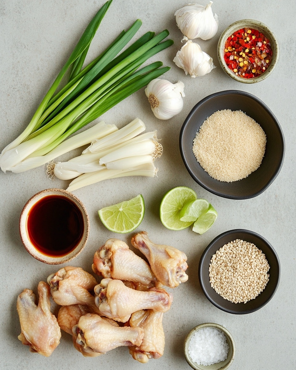 The image shows a square white plate with a grid pattern, filled with seven dark reddish-brown grilled chicken wings. The wings are sprinkled with white sesame seeds and sliced green onions on top. Behind the plate, two lime wedges with a pale green color rest on the plate’s edge. Green onions and some green onion slices are scattered around the plate on a white marbled surface. In the background, there is a tall glass of light golden beer, a beer bottle with a green label, and a bottle opener with a wooden handle laying next to the plate. photo taken with an iphone --ar 4:5 --v 7