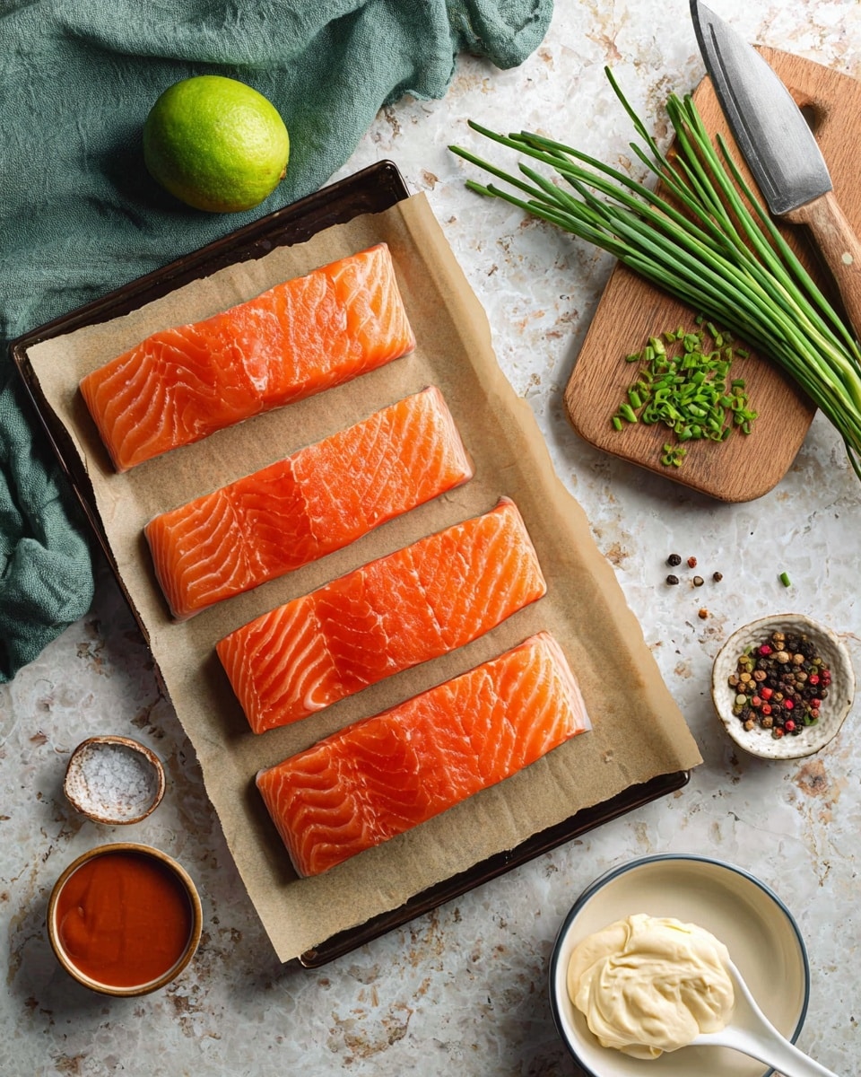 Three cooked salmon pieces with a crispy brown top are placed on a white plate. The salmon flakes show light pink inside. The salmon is garnished with green herbs and drizzled with a light sauce. Lime wedges with a bright green color are placed around the salmon on the plate. A golden fork holds a small piece of salmon in the front. In the background, there is a green bowl with sauce and a small dish filled with white sea salt on a white marbled surface. Photo taken with an iphone --ar 4:5 --v 7