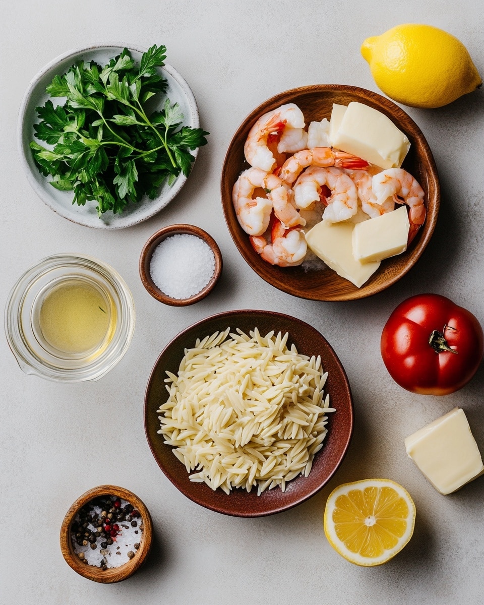 A close-up of a white pan filled with a dish made of three layers: the bottom layer is small oval-shaped light brown pasta, the middle layer has orange shrimp with a slightly shiny texture and tails curled, scattered evenly over the pasta, and the top layer contains bright yellow lemon wedges and small bits of green herbs sprinkled over everything. A silver spoon rests inside the pan, holding some pasta and shrimp. The background is a white marbled surface. Photo taken with an iphone --ar 4:5 --v 7
