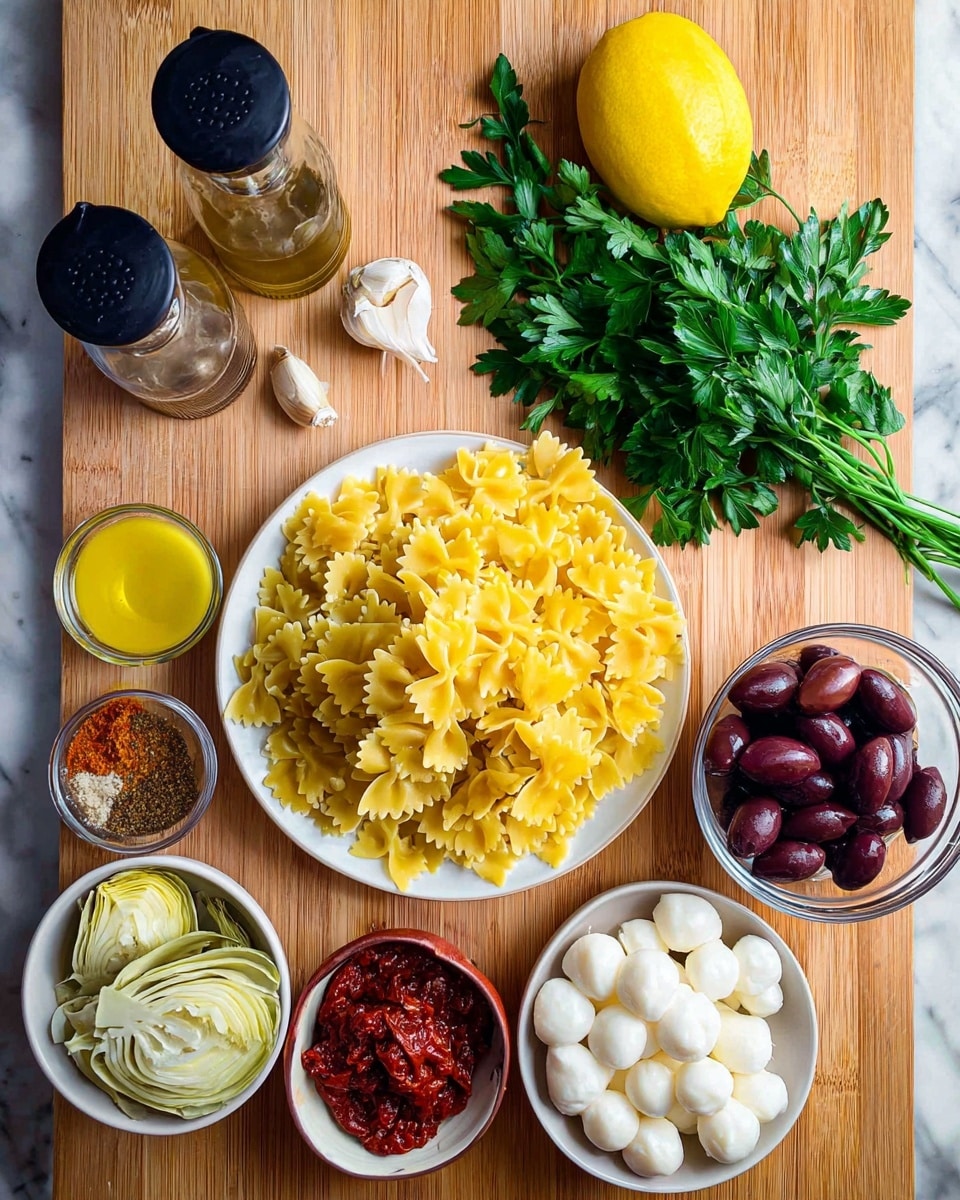 A white plate filled with yellow bowtie pasta sits on a white marbled surface. Above it, there are two small metal bowls with dried herbs and red pepper flakes, a glass bowl with mustard, a whole lemon, and two squeeze bottles with dark and light oil. To the right on a wooden cutting board, there is a bunch of fresh green parsley, a glass bowl of dark purple olives, and a glass bowl of sun-dried tomatoes. Below the plate of pasta, there are two white bowls, one filled with light green artichoke hearts and the other with small white mozzarella balls. A bulb of garlic is placed near the top right corner photo taken with an iphone --ar 4:5 --v 7