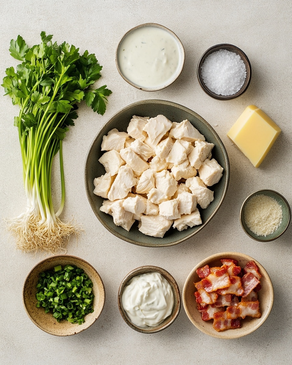 The dish in a white rectangular baking dish shows several pieces of light cream chicken in a creamy sauce that has a warm beige color. On top, there is a layer of melted bright yellow cheese, sprinkled with small, crispy dark brown bacon bits and vibrant green sliced scallions scattered evenly over the top. The white marbled surface under the dish adds a clean, bright look to the image. Photo taken with an iphone --ar 4:5 --v 7